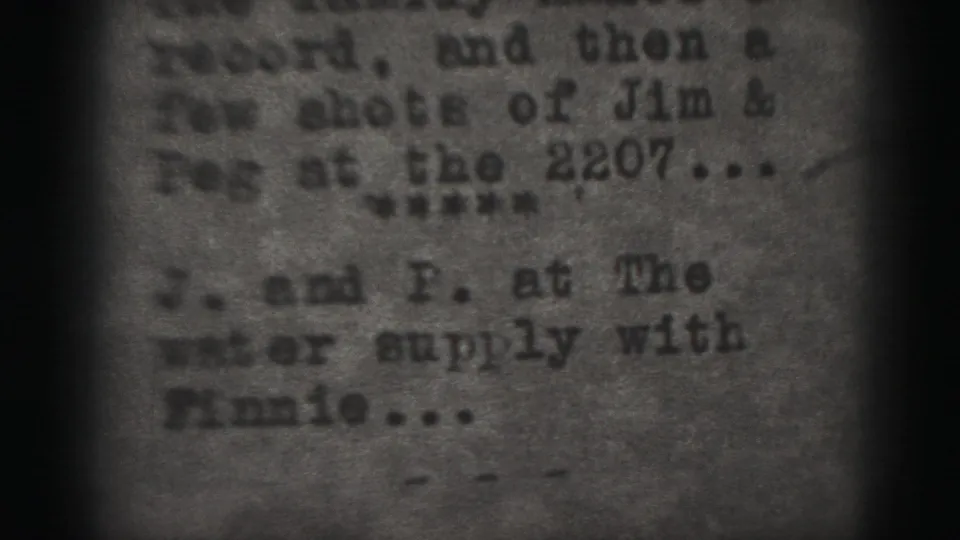 1946 Harrisburg 8mm title card with blurred typewritten text about Jim, Peg, and a water supply visit.