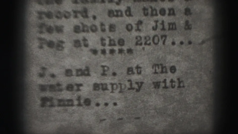 Harrisburg 1946 home-movie intertitle, softly focused, with text referring to a water supply visit.