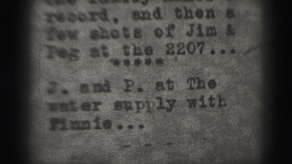 Close view of a 1946 Harrisburg 8mm title card, with readable fragments naming Jim, Peg, and a water supply.