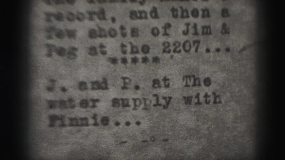 Final sampled frame of the 1946 Harrisburg intertitle, showing typewritten text about the water supply with soft 8mm grain.