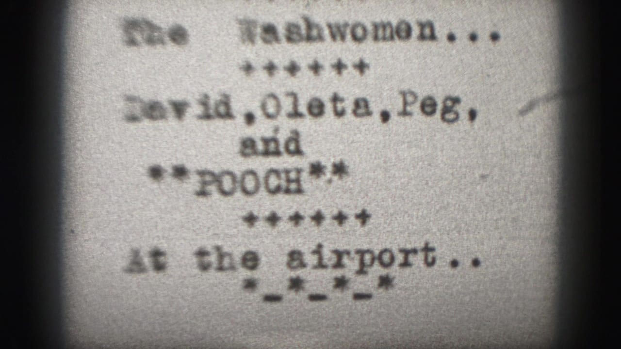 Typewritten card mentioning washwoman, names, Pooch, and airport.