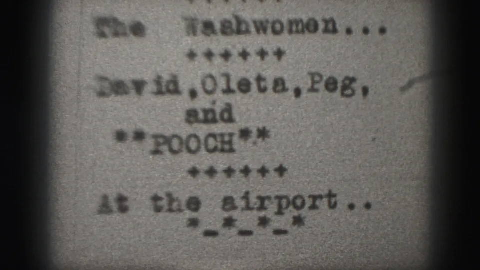 Grainy 1946 home-movie title card showing repeated names, Pooch, and at the airport text within rounded 8mm frame edges.