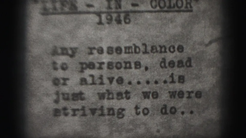 Close 8mm view of the 1946 typed disclaimer stating resemblance was what the makers were striving to do.