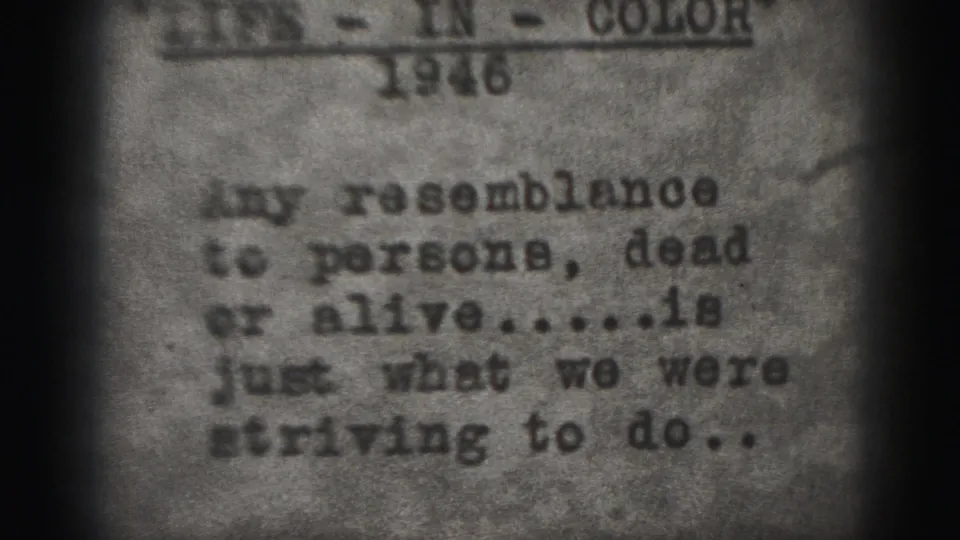 Another soft 8mm frame of the 1946 Harrisburg disclaimer card, with typed text and heavy vignette.