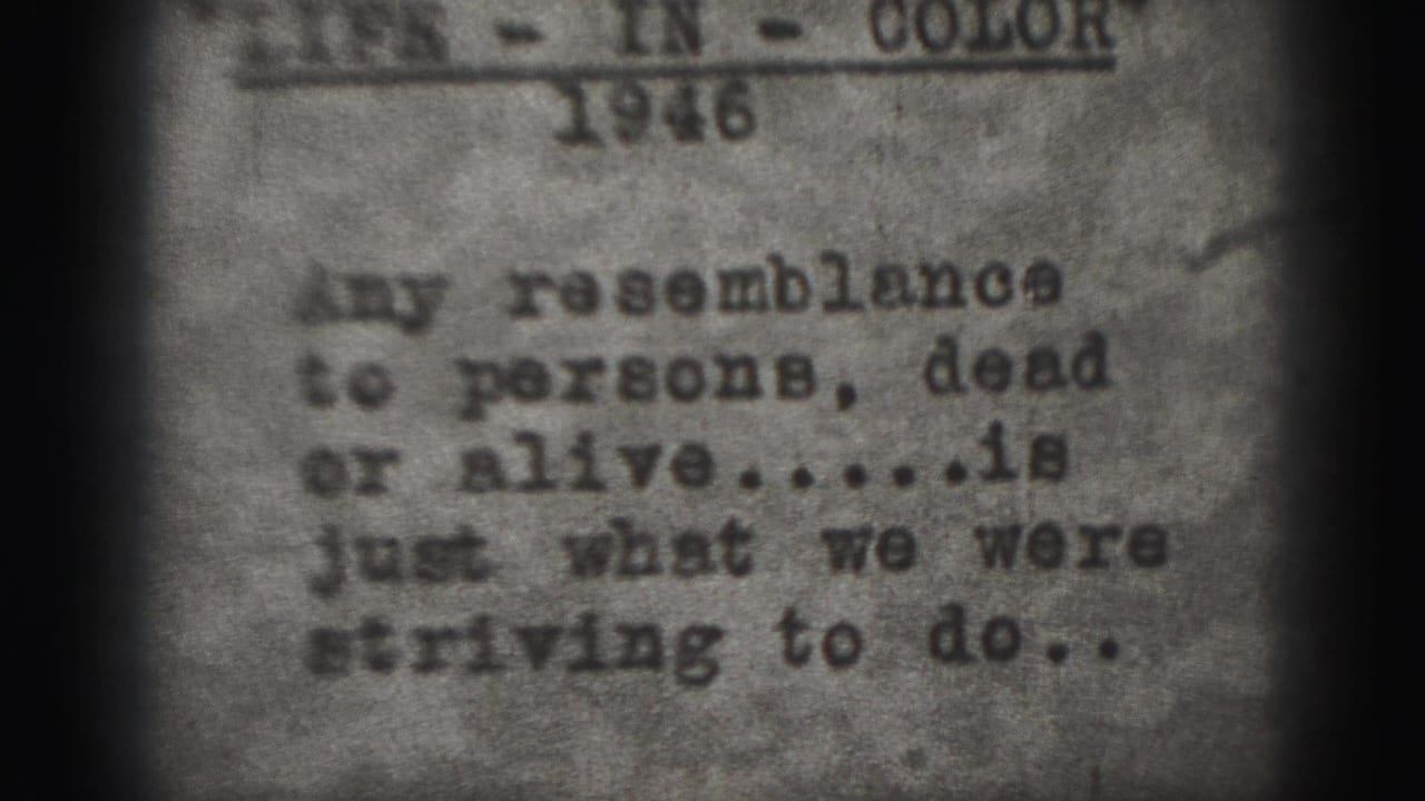 Typewritten humorous disclaimer on a dark-edged black-and-white film frame.