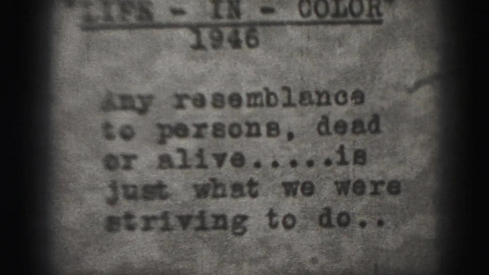 1946 Harrisburg reel frame showing a typewritten disclaimer about resemblance to persons, seen through grain and dark 8mm edges.