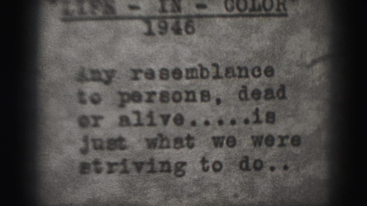 Mid-1940s 8mm title-card frame with a humorous typewritten resemblance disclaimer and visible film vignetting.