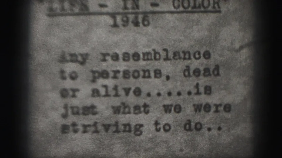 Mid-1940s 8mm title-card frame with a humorous typewritten resemblance disclaimer and visible film vignetting.