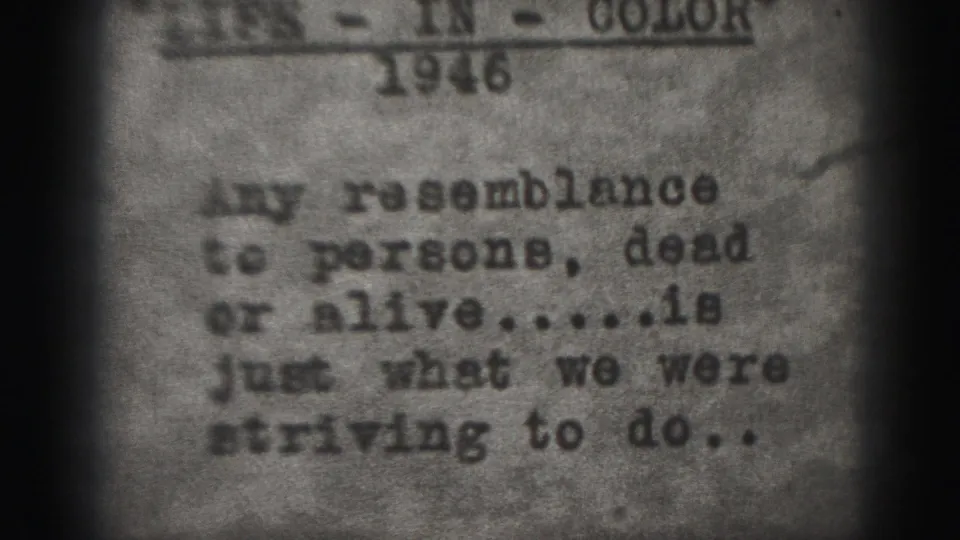 1946 home-movie card showing the typewritten line, 'Any resemblance to persons,' with dark 8mm borders and soft grain.