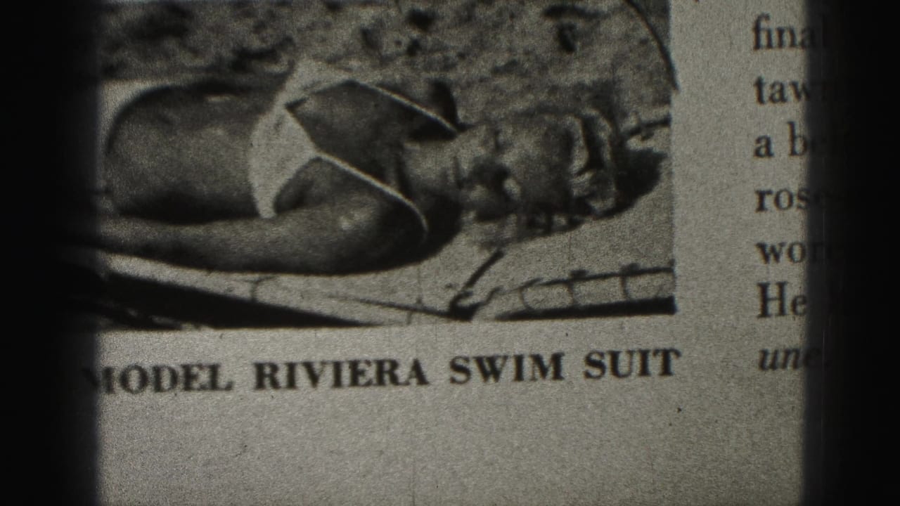 Newspaper clipping with reclining swimsuit model and bold Riviera swim suit caption.