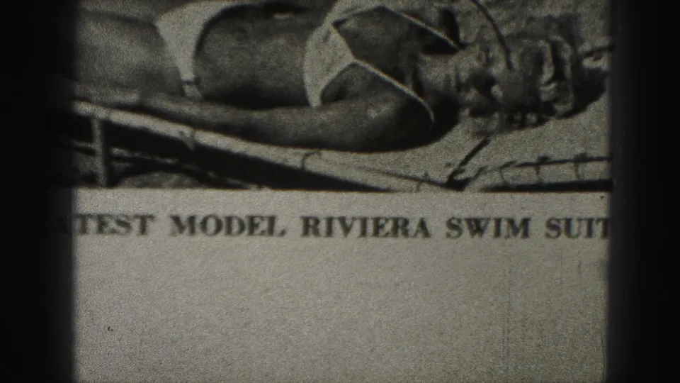 Harrisburg 1946 newspaper close-up showing a reclining swimsuit model and the bold caption latest model Riviera swim suit.