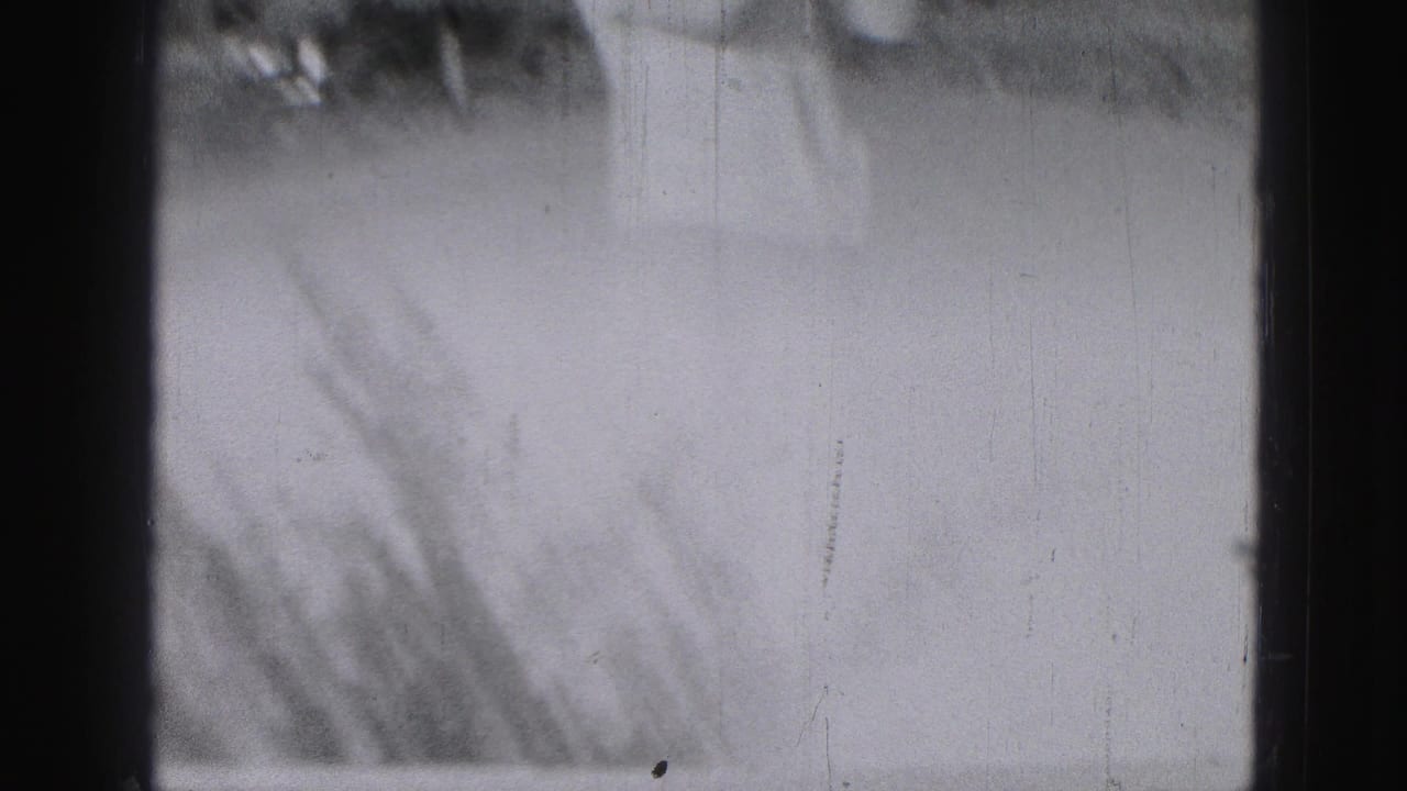 A mostly washed-out black-and-white 8mm frame from the Harrisburg home movie, with faint trees or yard detail and visible film wear.
