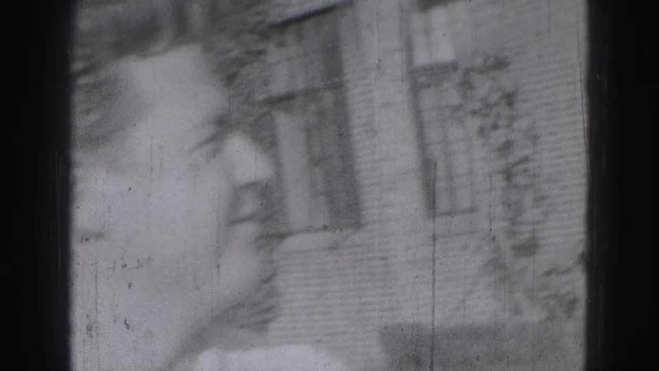 Soft 8mm close-up of a young man in profile or three-quarter view, with brickwork and windows visible behind him.