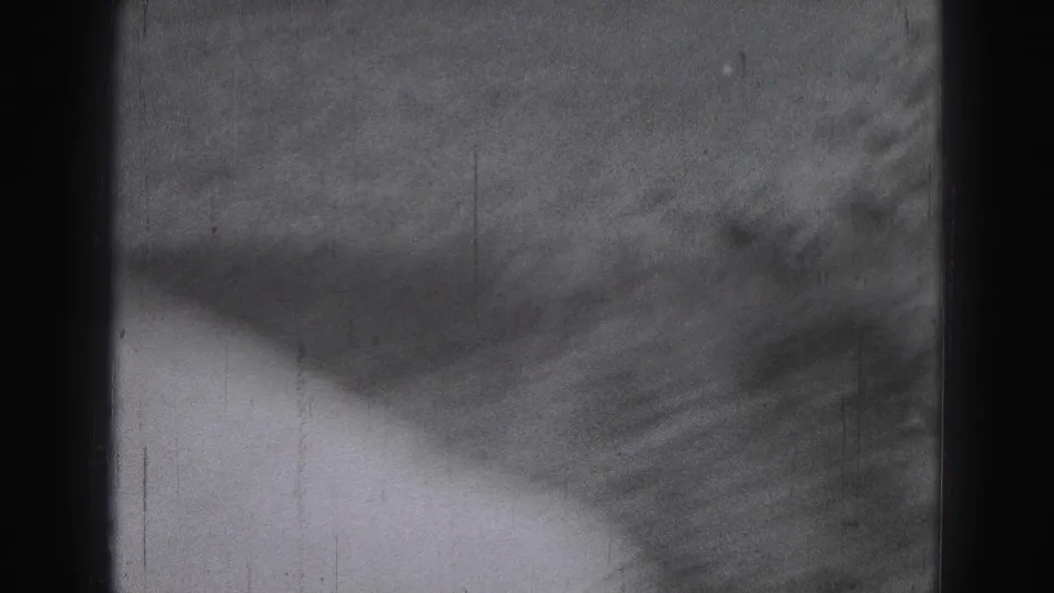 A soft, blurred 1946 Harrisburg frame shows a partial figure near foliage as the home-movie shot breaks down in motion.