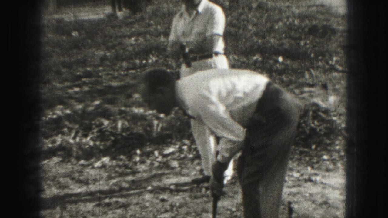 Man bends with a croquet mallet as another adult stands behind him in the yard.