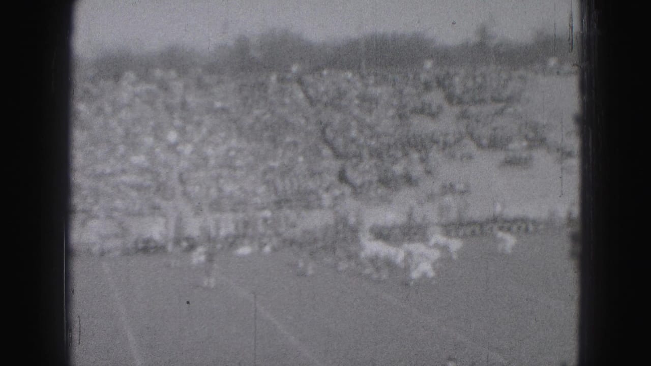 1946 Harrisburg football game seen from the stands, with distant players on the field and packed bleachers beyond.