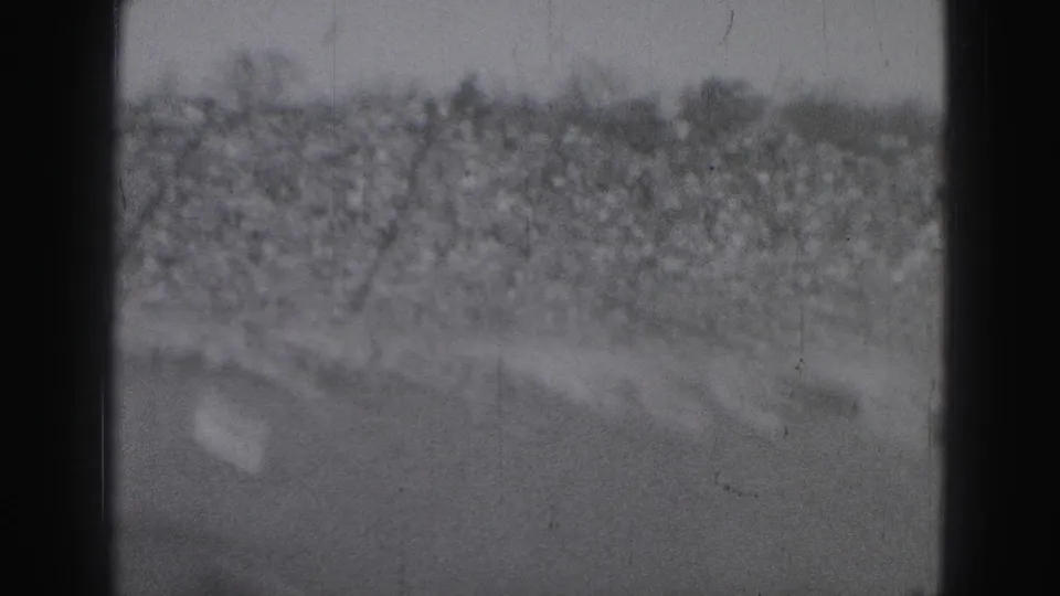 Soft, partially obscured view of the football field and crowded bleachers in the Harrisburg 1946 home-movie footage.