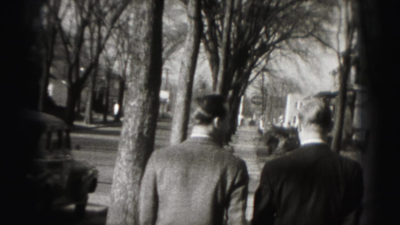 Two men continue walking away on the sidewalk beside trees and parked cars.