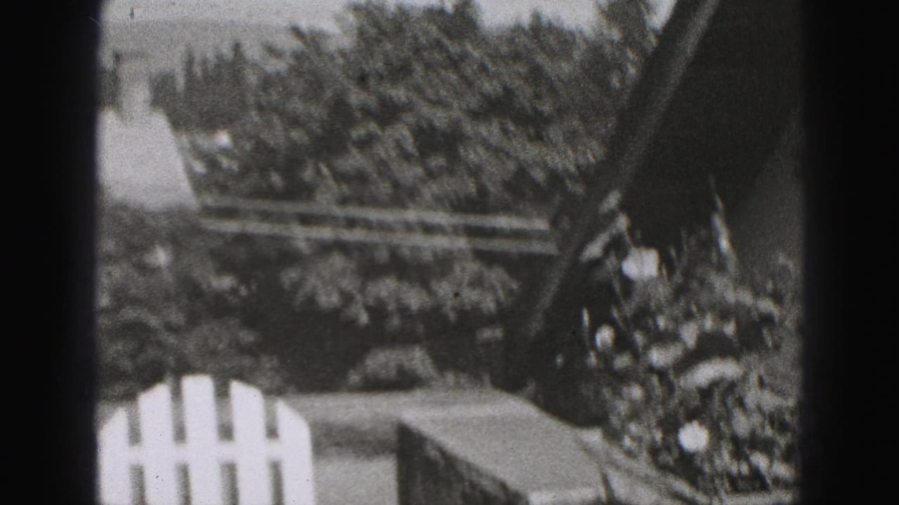 Black-and-white 8mm frame appears to show a balcony or window view with white railing, trees, rooftops, and heavy edge shadow.