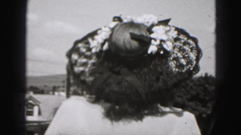 The woman lowers her head, emphasizing the patterned hat brim in outdoor 1946 New Cumberland home-movie footage.