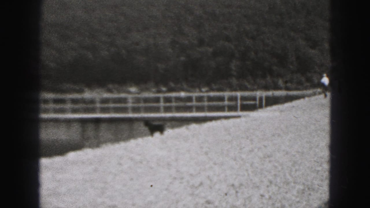 Gravel riverbank and railing with a distant person walking through the 1946 New Cumberland scene.