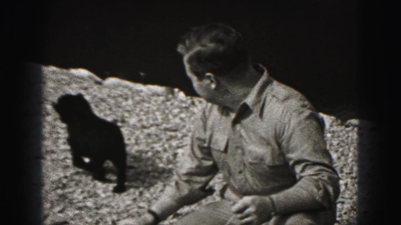 The man turns his head toward the small dark dog as it moves across the gravel in this 1946 Pennsylvania home-movie frame.