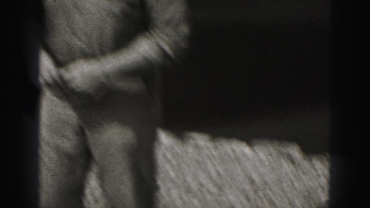 A close, partially framed 8mm view shows the crouching man and the dark dog near the gravel surface.