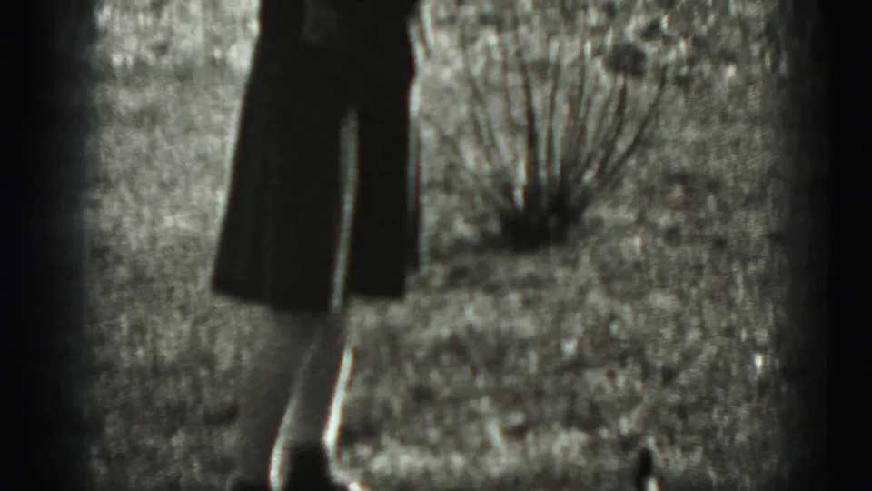 Fuller view of the woman standing in a residential New Cumberland backyard, identified by supplied 1946 metadata.