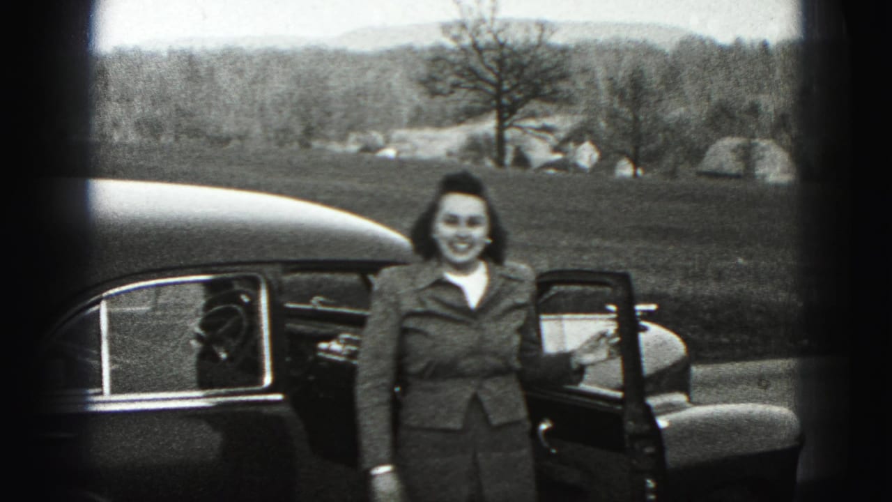 The woman stands smiling beside the open sedan door, with grass, trees, rocks, and distant hills behind her.