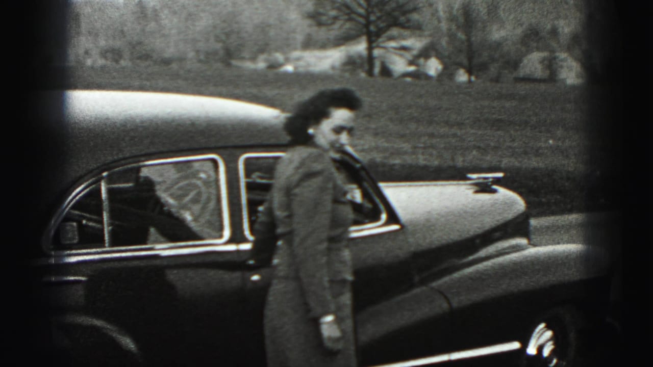 The woman walks along the side of the rounded sedan, with open grass, bare trees, and low hills in the background.