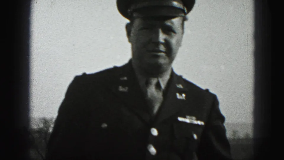 A man in a military uniform faces the camera in the final black-and-white frame.