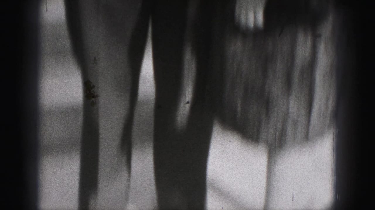 Soft-focus black-and-white 8mm frame showing shadowed exterior surfaces near the brick house setting in the New Cumberland, Pennsylvania clip.