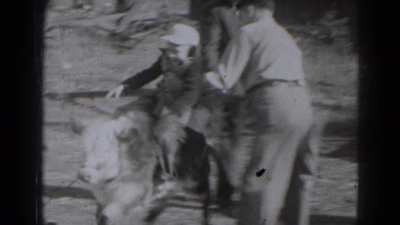 A boy sits on a calf while an adult steadies him in a dusty yard.