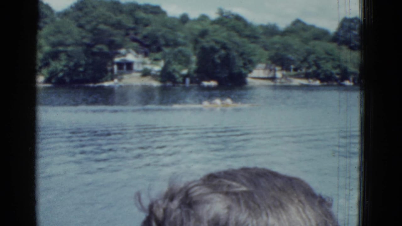 Distant rowers on a lake with a person's hair partly blocking the lower foreground.