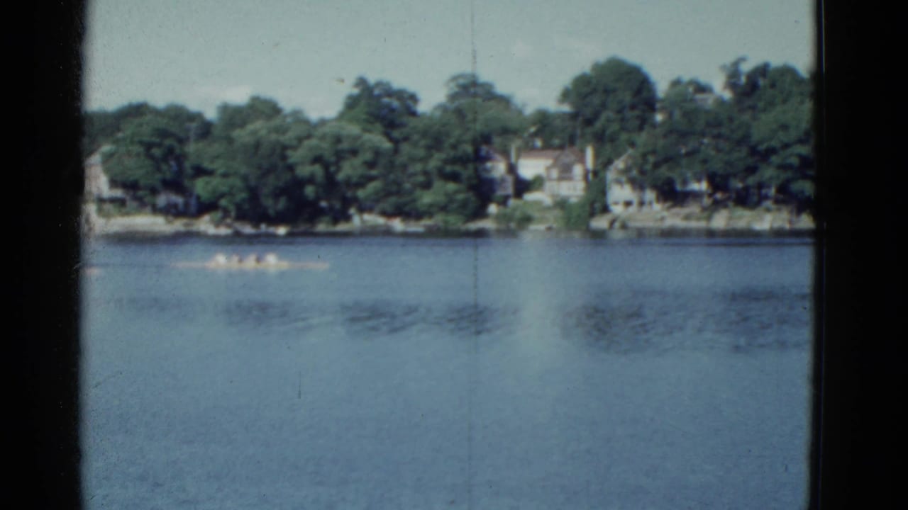 Several canoes move across calm water near a wooded shoreline with houses beyond.