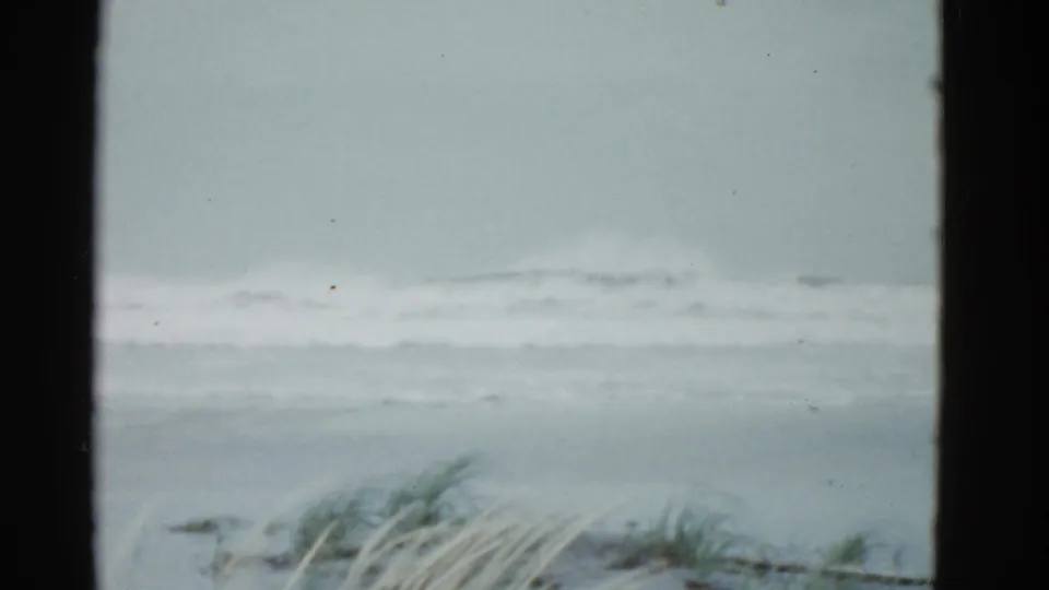 1951 Boston-area 8mm frame of choppy ocean water and a low beach edge with blurred grass in the foreground.