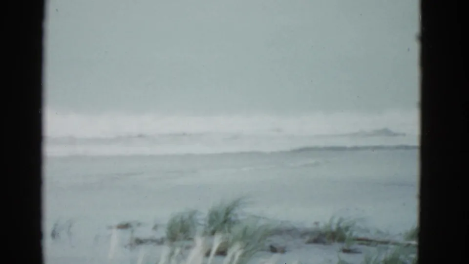 1951 home-movie view of a Boston-area coast with foreground dune grass and pale surf under cloudy light.