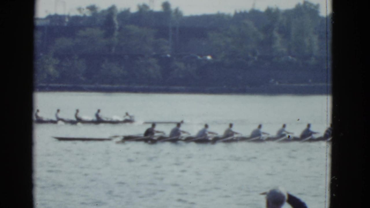 Two rowing shells cross the river with a tree-lined shore in the distance.