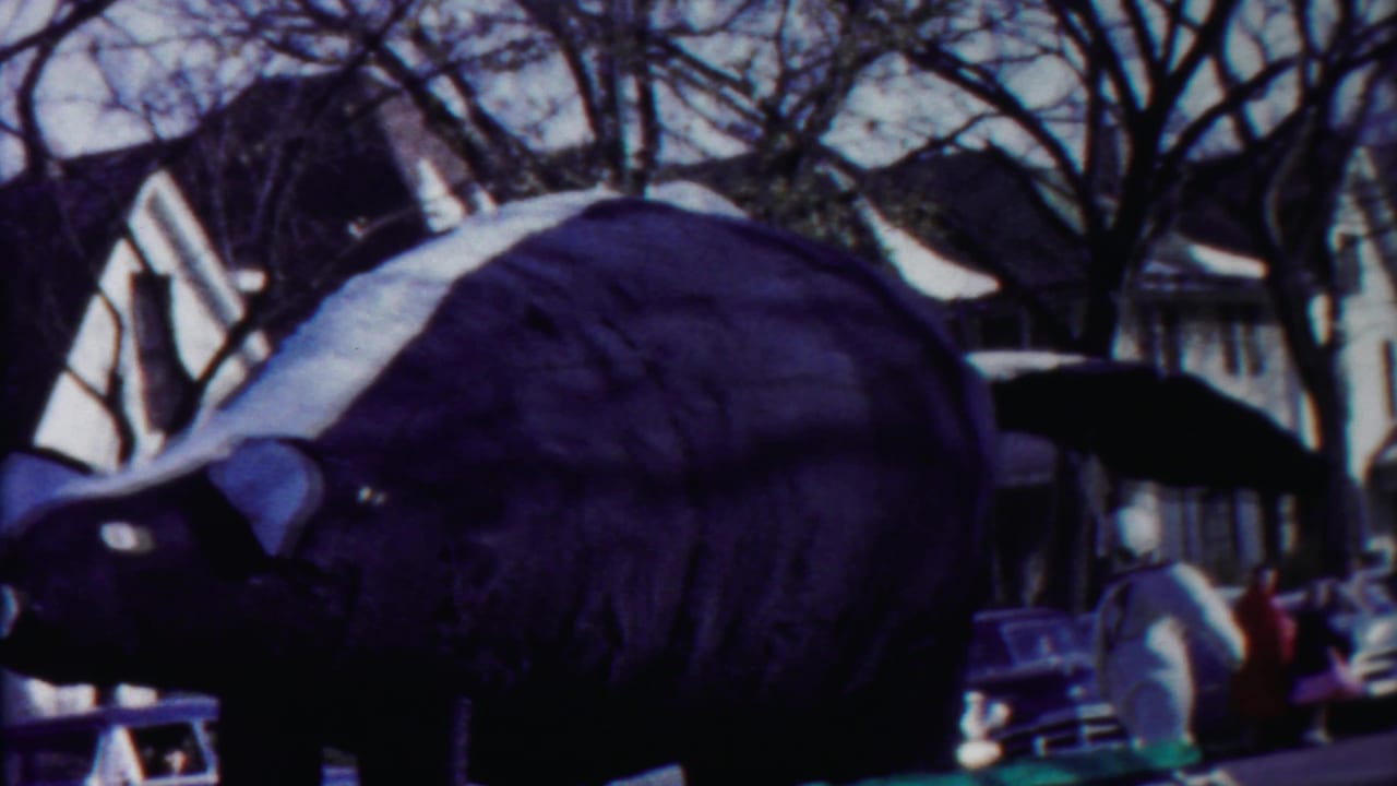 A close 8mm view shows the skunk float's body and tail area moving past a residential block with vintage cars and spectators in the background.