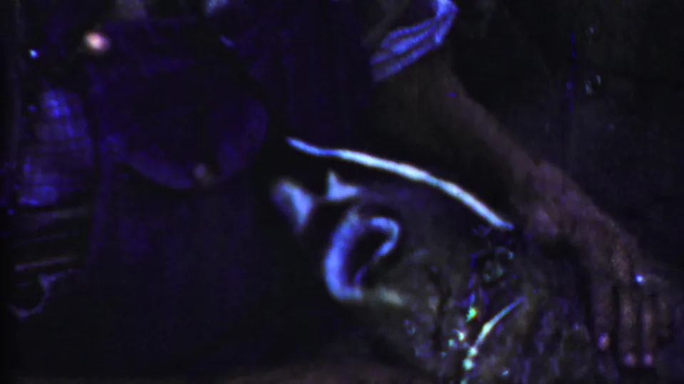 1958 Kansas home-movie frame showing a dog with a white facial stripe near a person's hands in dim purple-tinted light.