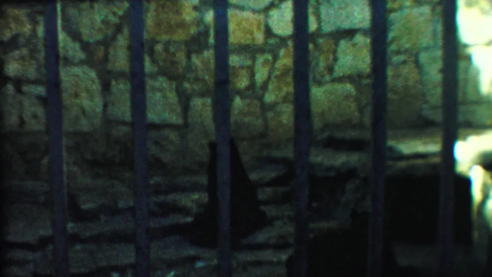 Final 1958 Kansas 8mm frame showing the barred zoo cage, rough stone backdrop, and a shadowed bear form near the enclosure floor.