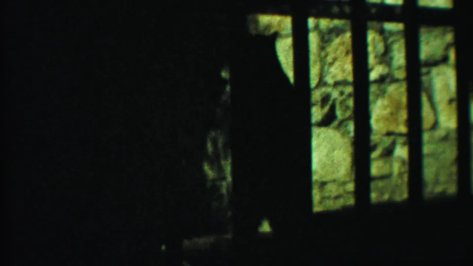 In 1958 Cheyenne County, Kansas 8mm footage, a bear appears as a dark silhouette behind enclosure bars near a stone wall.