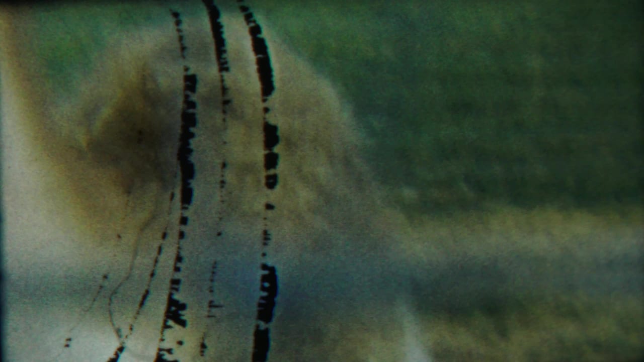 Opening 1958 8mm frame with heavy blur, greenish cast, and visible film or scanning marks before the deer enclosure becomes clear.