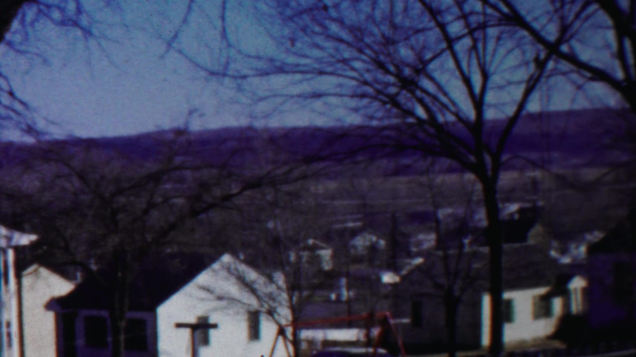 Small houses below bare trees with a distant low hill and blue sky.