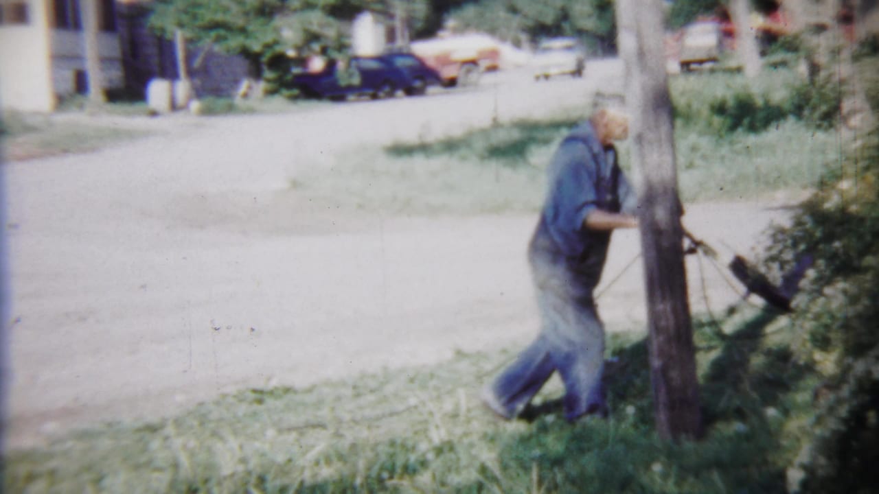 Man walking with a broom near a utility pole, lawn, shrubs, and parked cars.