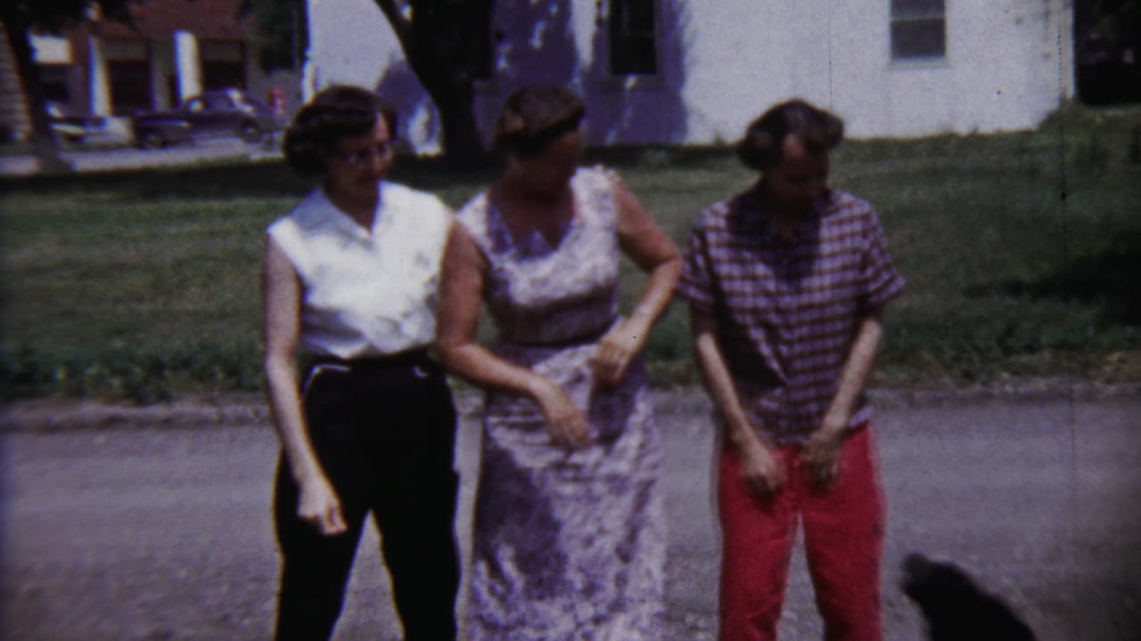 Three women stand near a residential street while a black dog moves at their feet.