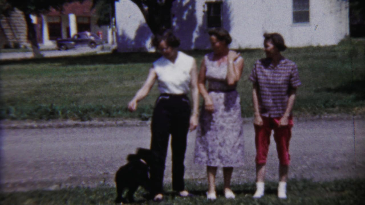 Three young women watch a small black puppy in the foreground of a Saint Francis, Kansas lawn scene from 1958.