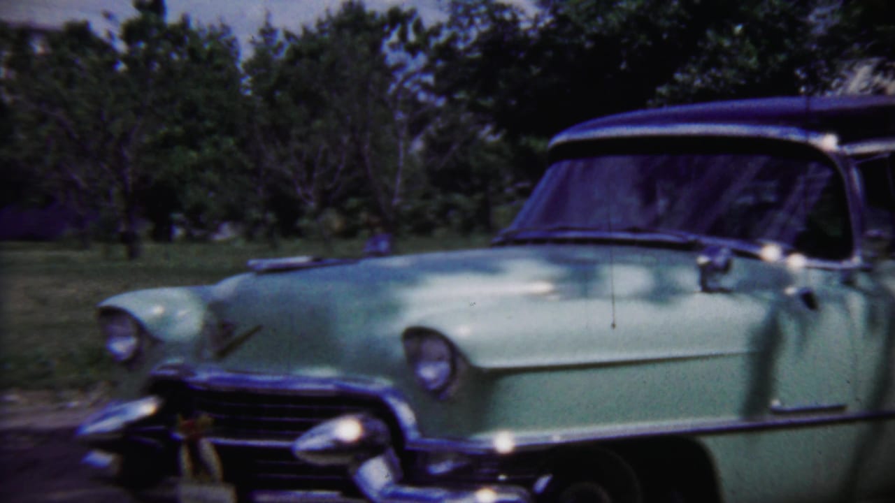 The front of a light green 1950s automobile fills the frame, showing chrome details, headlights, hood ornament area, grass, and trees.