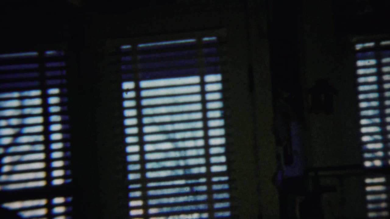 Two bright window areas with horizontal blinds and dark interior space between them.