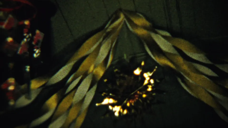 1958 Saint Francis, Kansas 8mm frame showing gold and white ceiling streamers above warm flickering holiday lights.